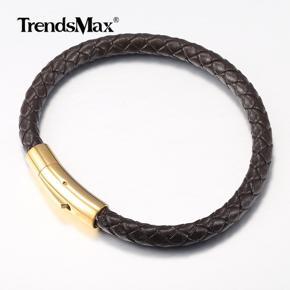 4/6mm Red/Brown/Black Braided Leather Rope Bracelet Stainless Steel Gold Clasp