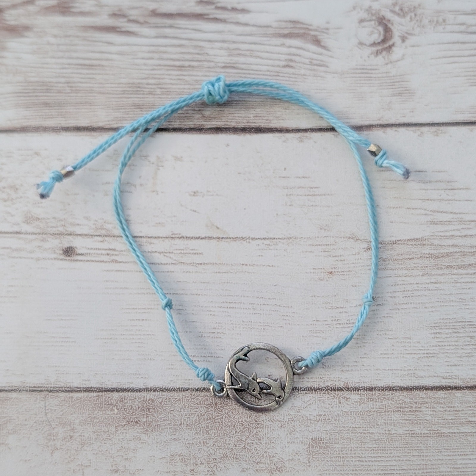 Adjustable Blue Bracelet – Silver Tone Dolphin Charm – Fair Condition