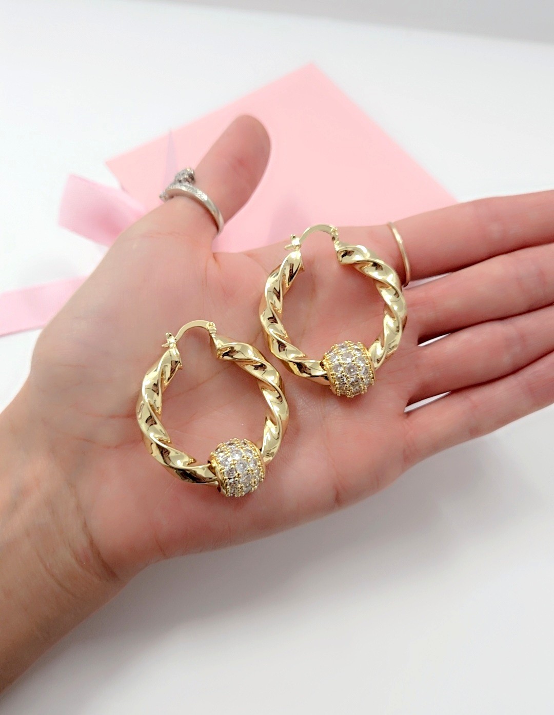9ct Gold Filled 35mm Small Twist Earrings Gold Hoops With Balls Chunky Twist