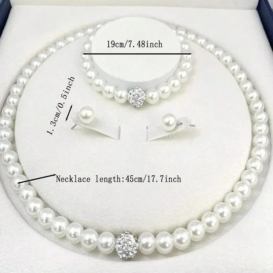 3Pcs Imitation White Pearl Necklace Bracelet Earrings Jewelry Set For Woman