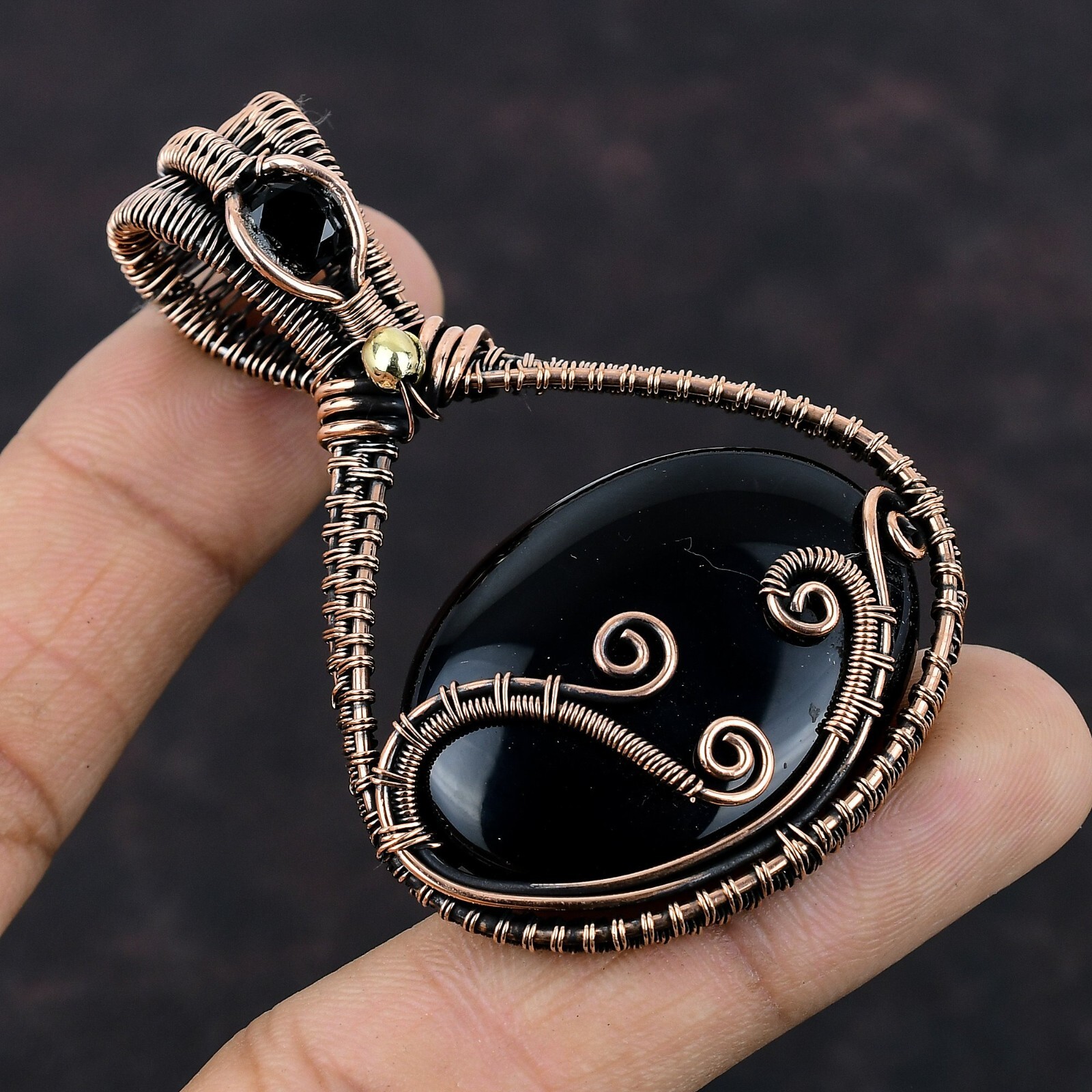 Black Onyx Wire Wrapped Pendant Handcrafted Copper Dailywear Jewelry 2.68″