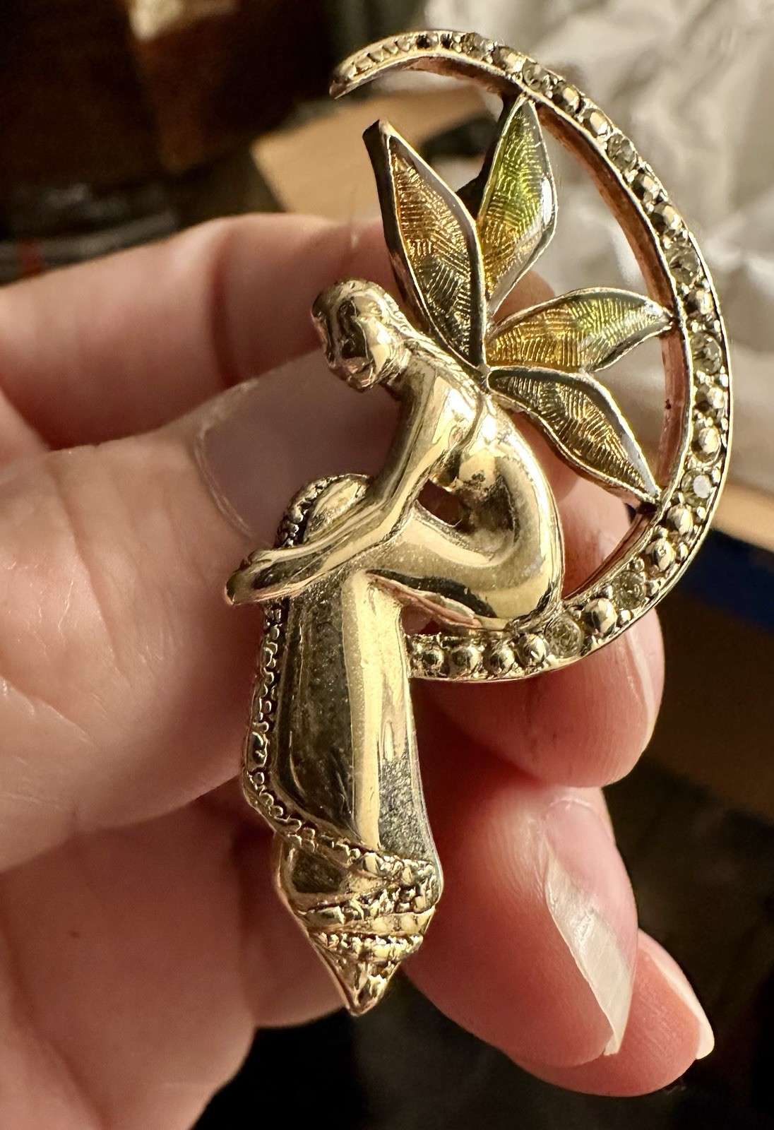 Vintage Liz Claiborne Brooch of fairy with enamel wings, crystal-crescent moon