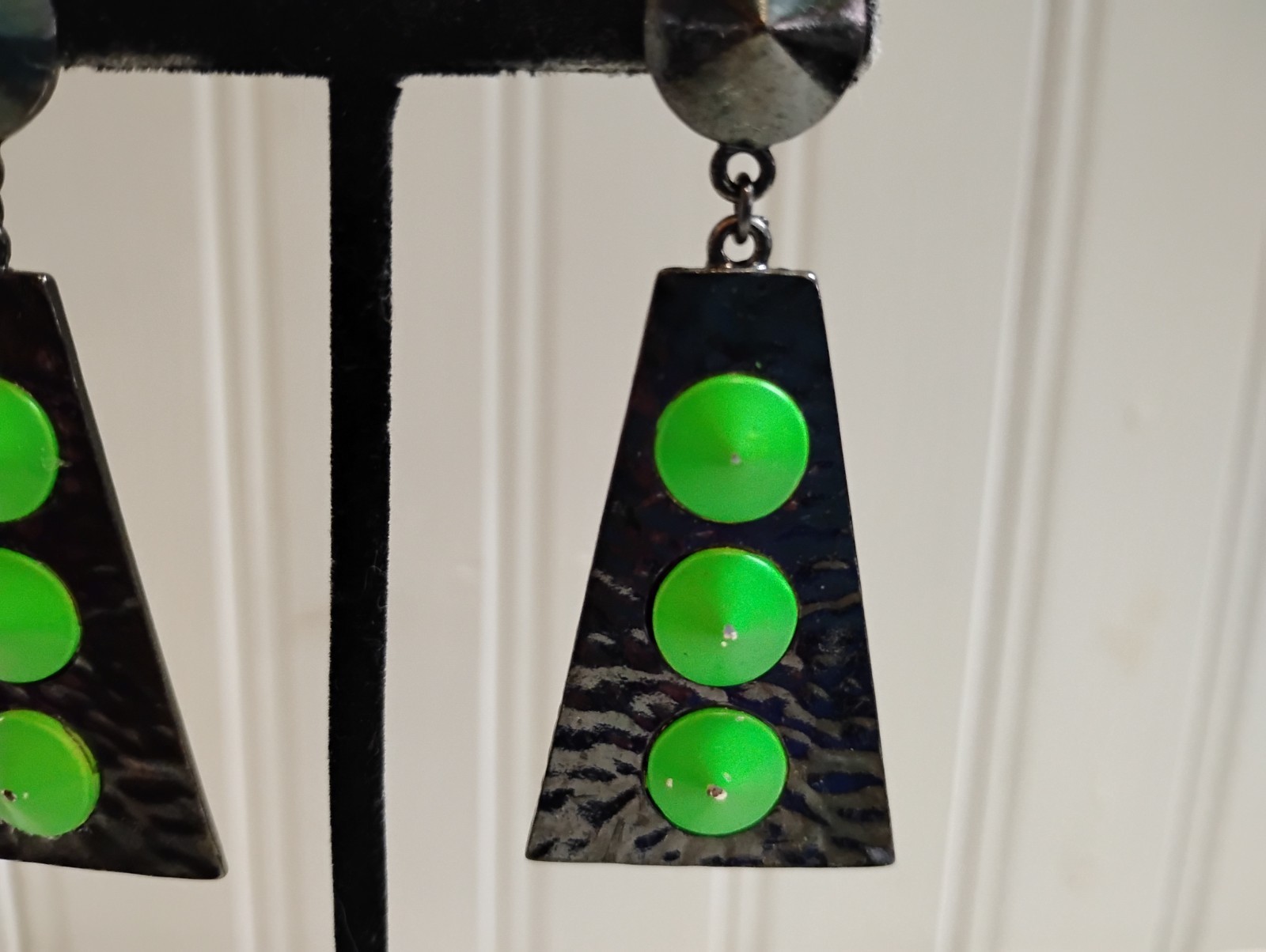 Green Enameled Gun Metal Gray Trapezoid Drop Dangle Post Pierced Earrings