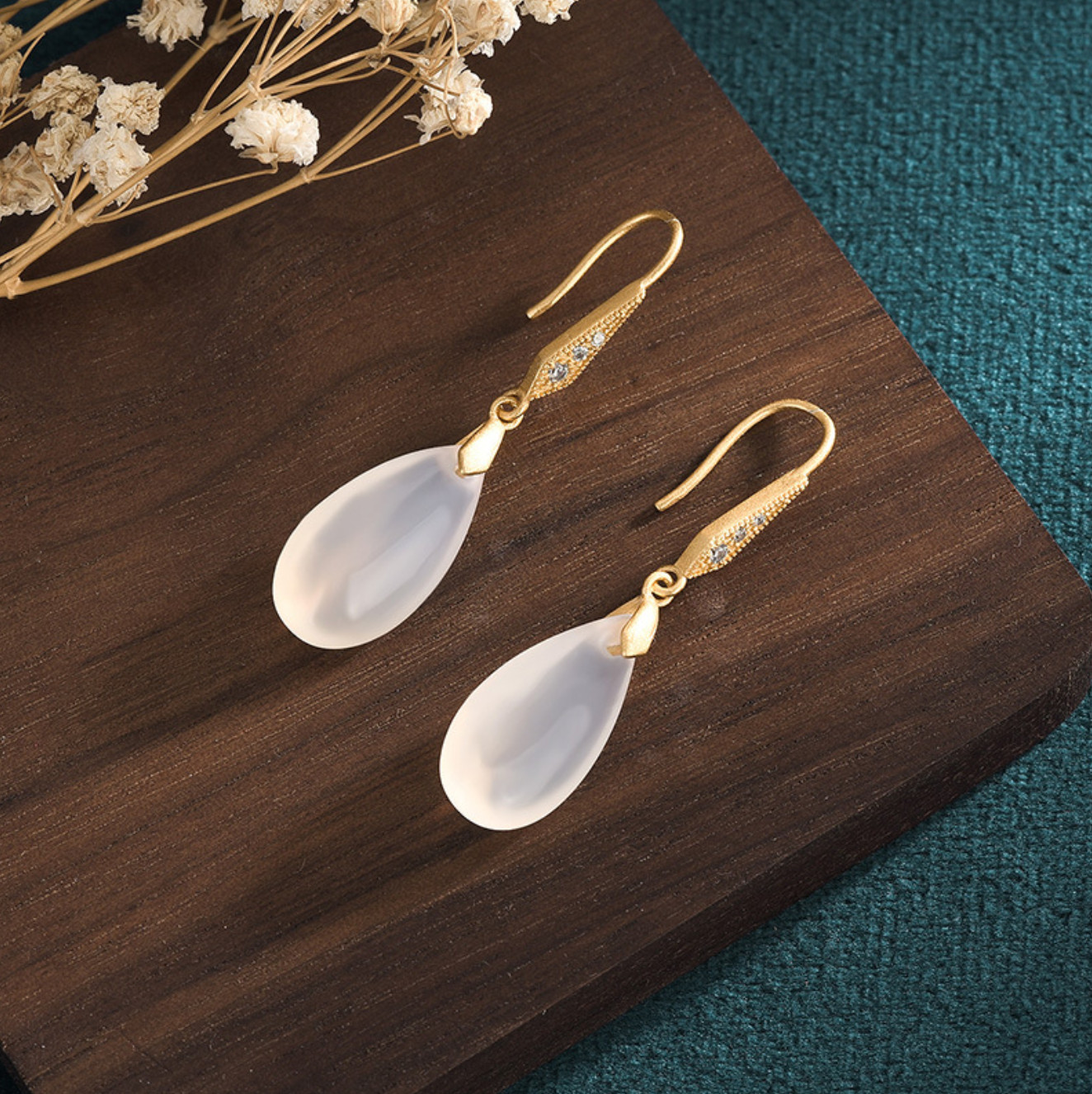 Jade Drop Dangle Earrings Boho Minimalist Hook Retro Waterdrop 18K Gold Plated
