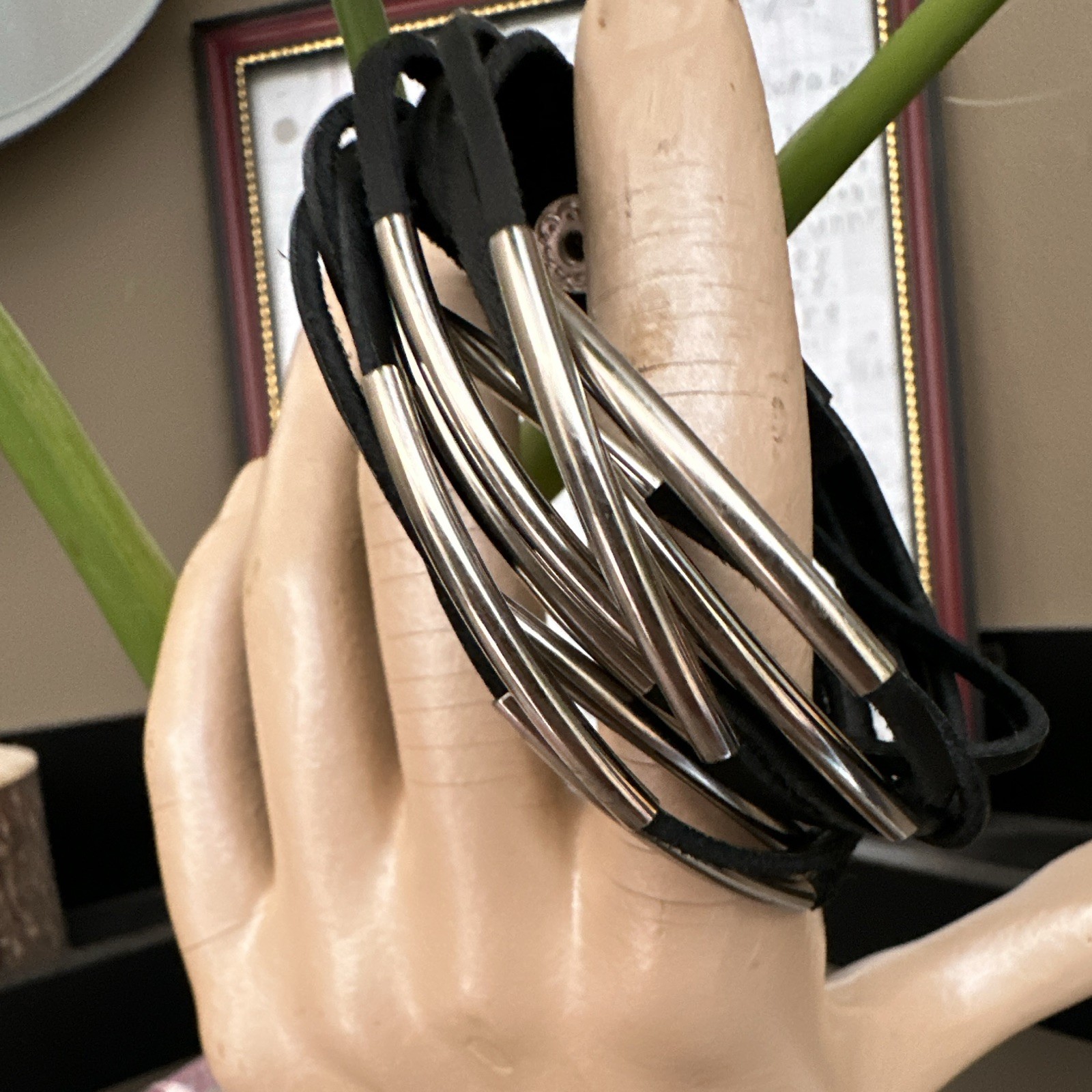 Black Faux Leather Cord Wrap Bracelet Adjustable Snap, Silver-Tone Tube Beads