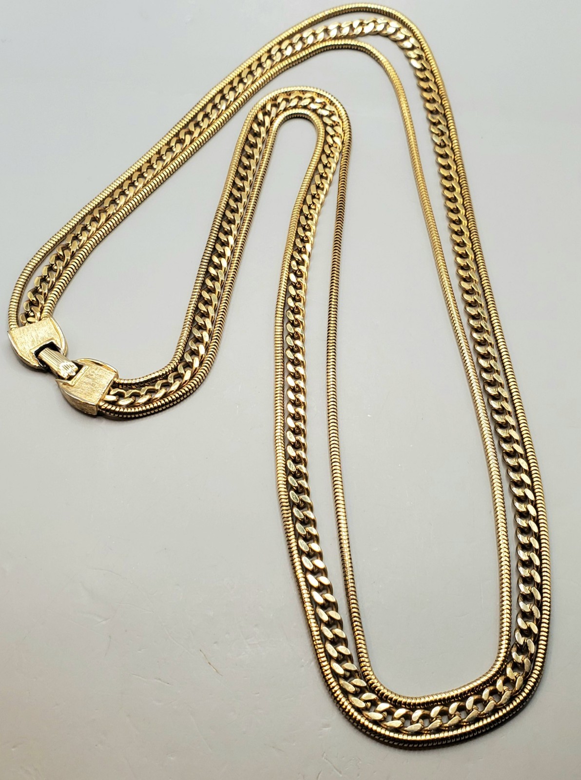 Vintage 3 Strand Curb & Snake Chain Gold Tone Layered Necklace Fold Over Clasp