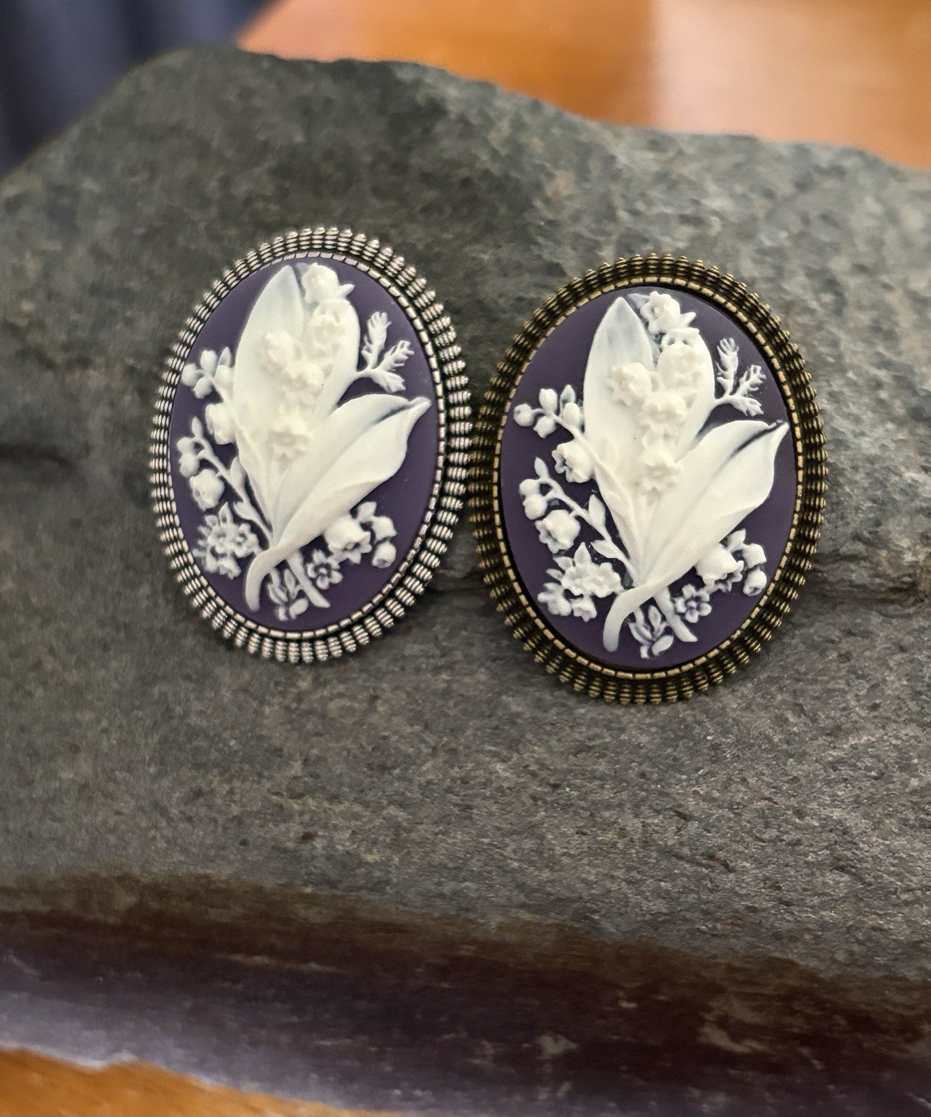 Purple Lily of the Valley Flower Cameo Brooch Pin, You Choose Silver or Bronze