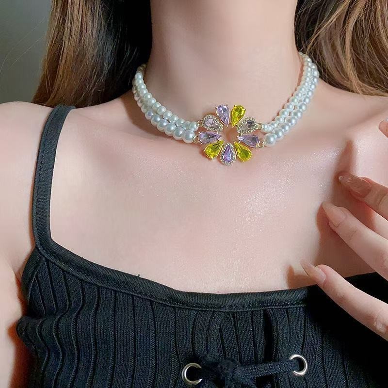 Gold Alloy Jewelry Set Strand Imitation Pearl Necklace Zirconia Floral Earrings