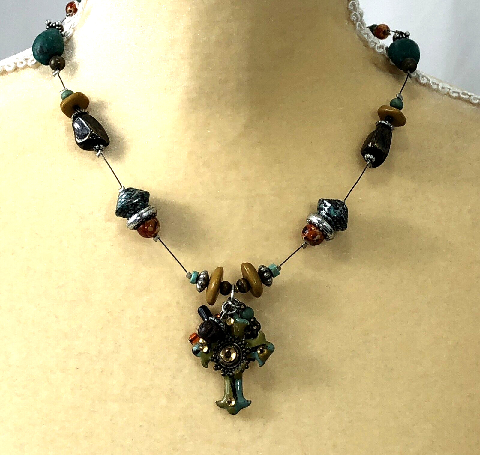 Treska Pendant Necklace Beaded Cross 19″ Length