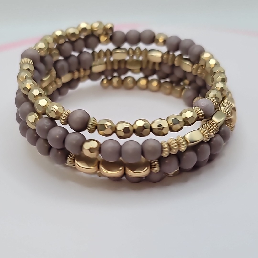 Purple Gray Gold Tone Beaded Memory Wire Coil Bracelet