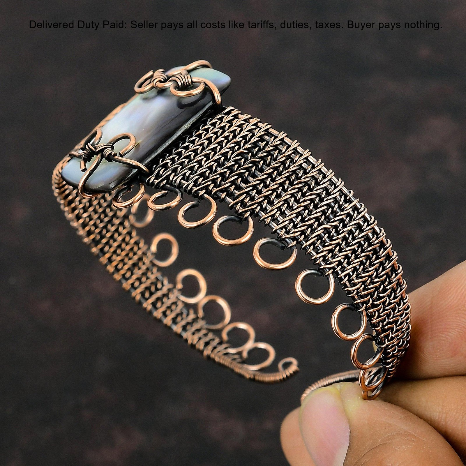 Copper Black Mother Of Pearl Stone Anniversary Wire Wrapped Wife Bangle Bracelet
