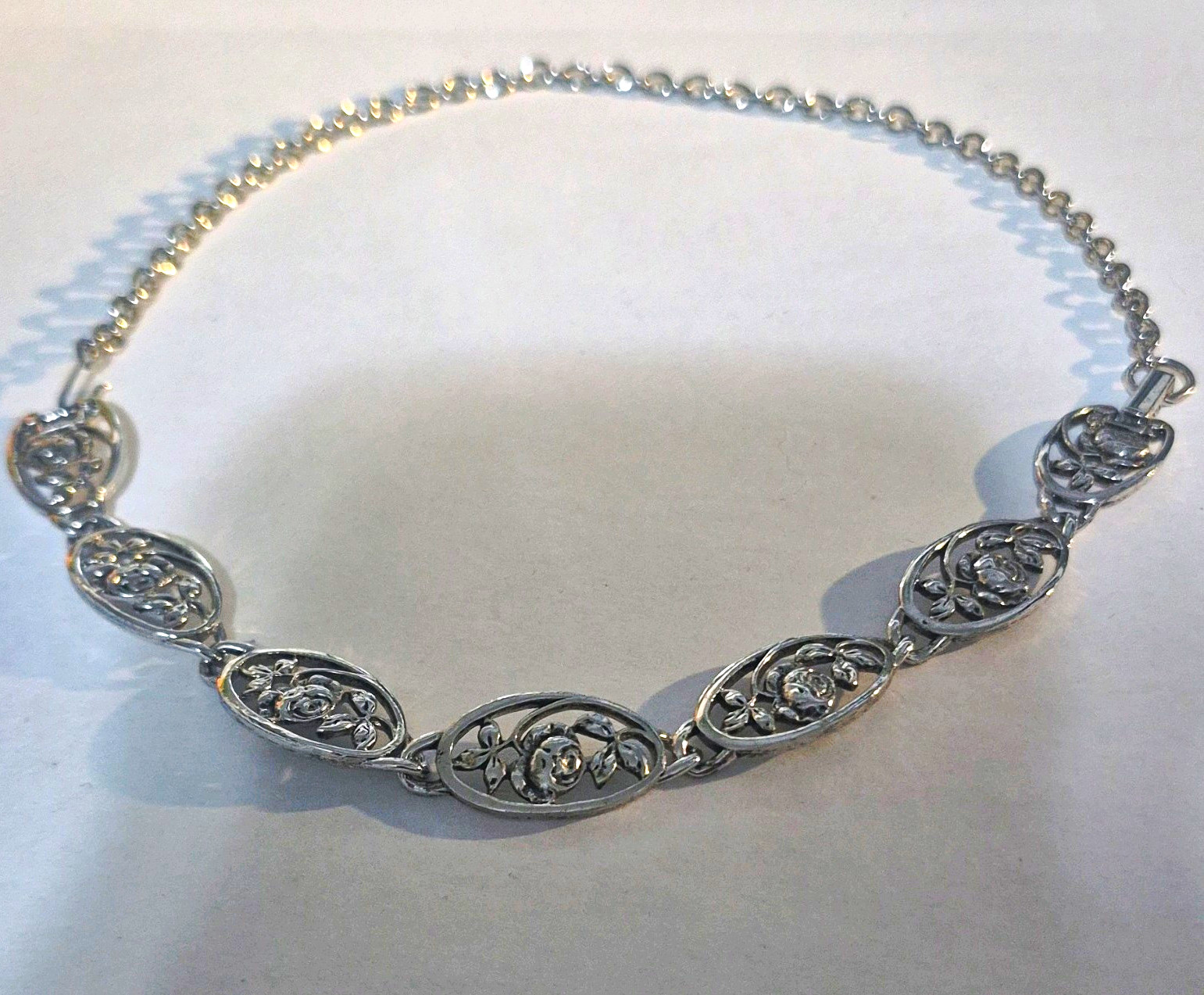 Silver Tone Rose Floral Filigree Link Choker Necklace 16″ Hook Closure