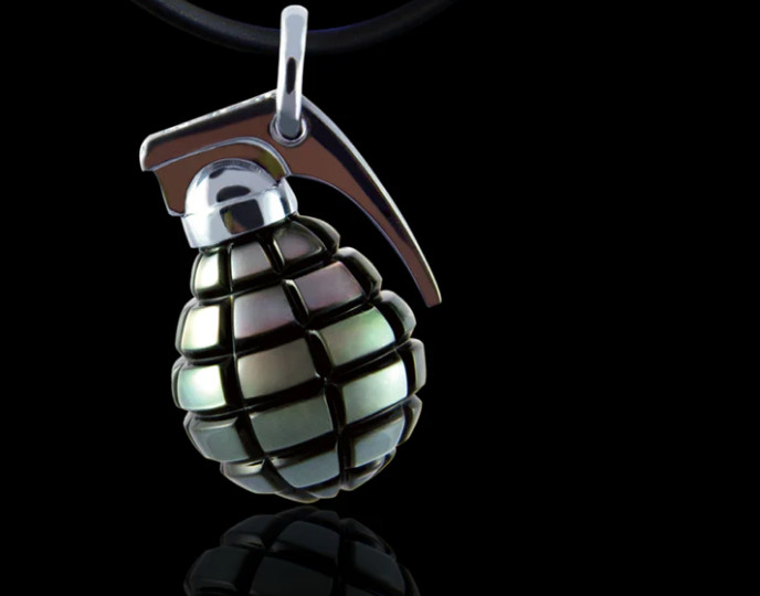Ecks Black Pearl Handmade Hand Grenade Pendant and 24″ Silver Chain Included