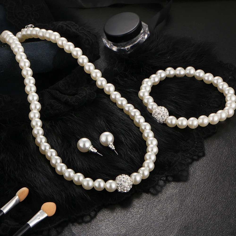 3Pcs Imitation White Pearl Necklace Bracelet Earrings Jewelry Set For Woman