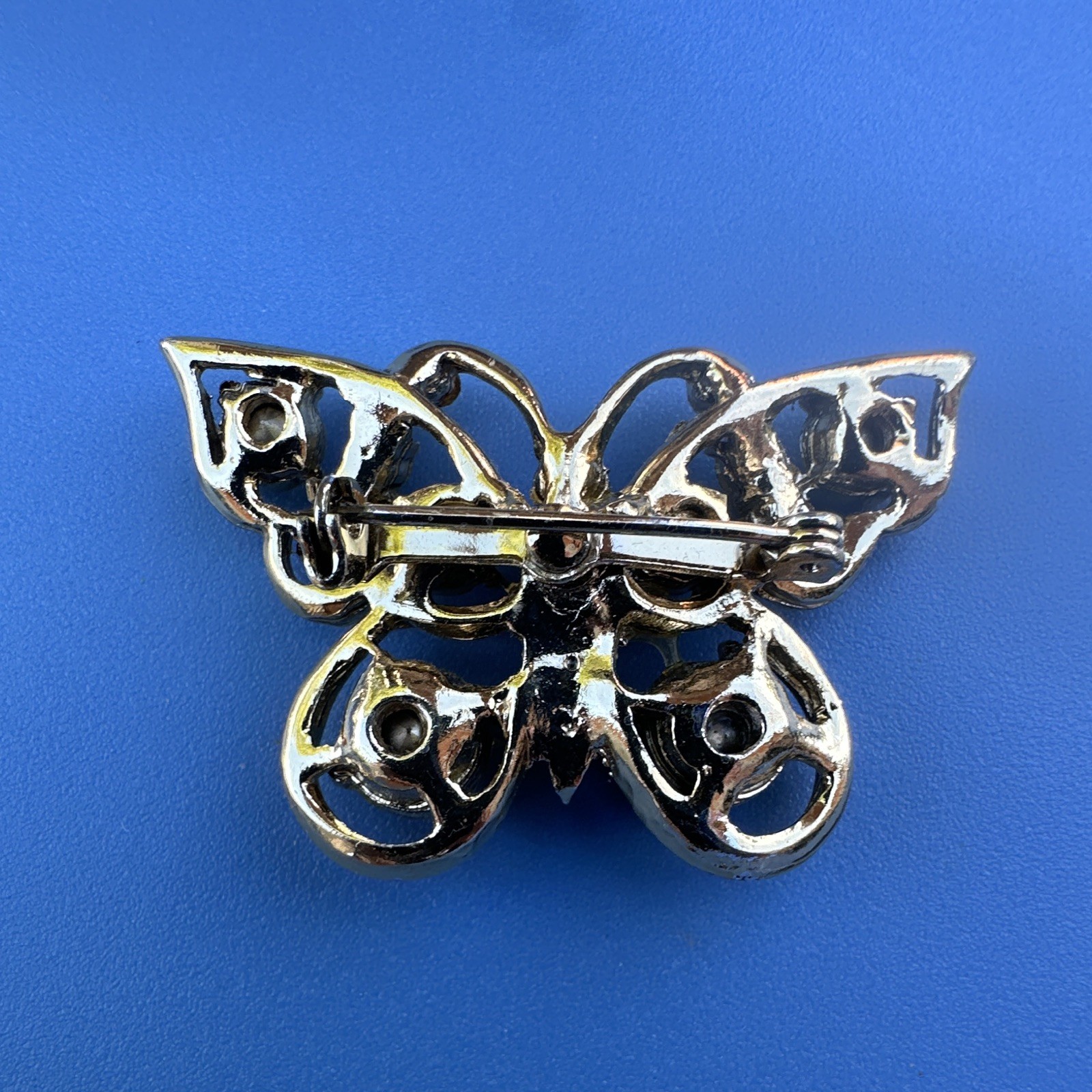 Silver Tone Butterfly Brooch Pin with Blue Round Rhinestones, Animals & Insects