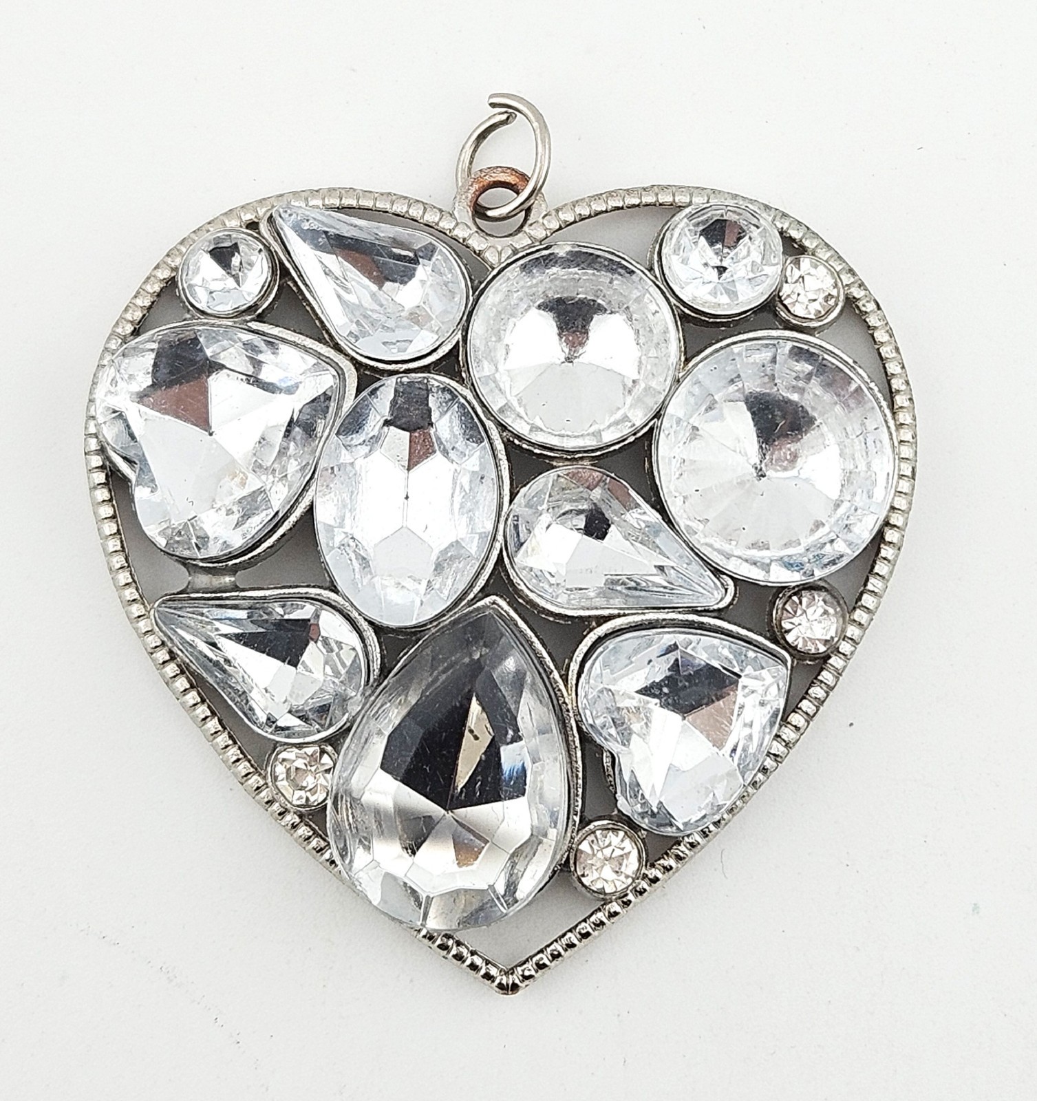 Silver Tone Heart Pendant Mixed Shapes Of Clear Stones J19-4280