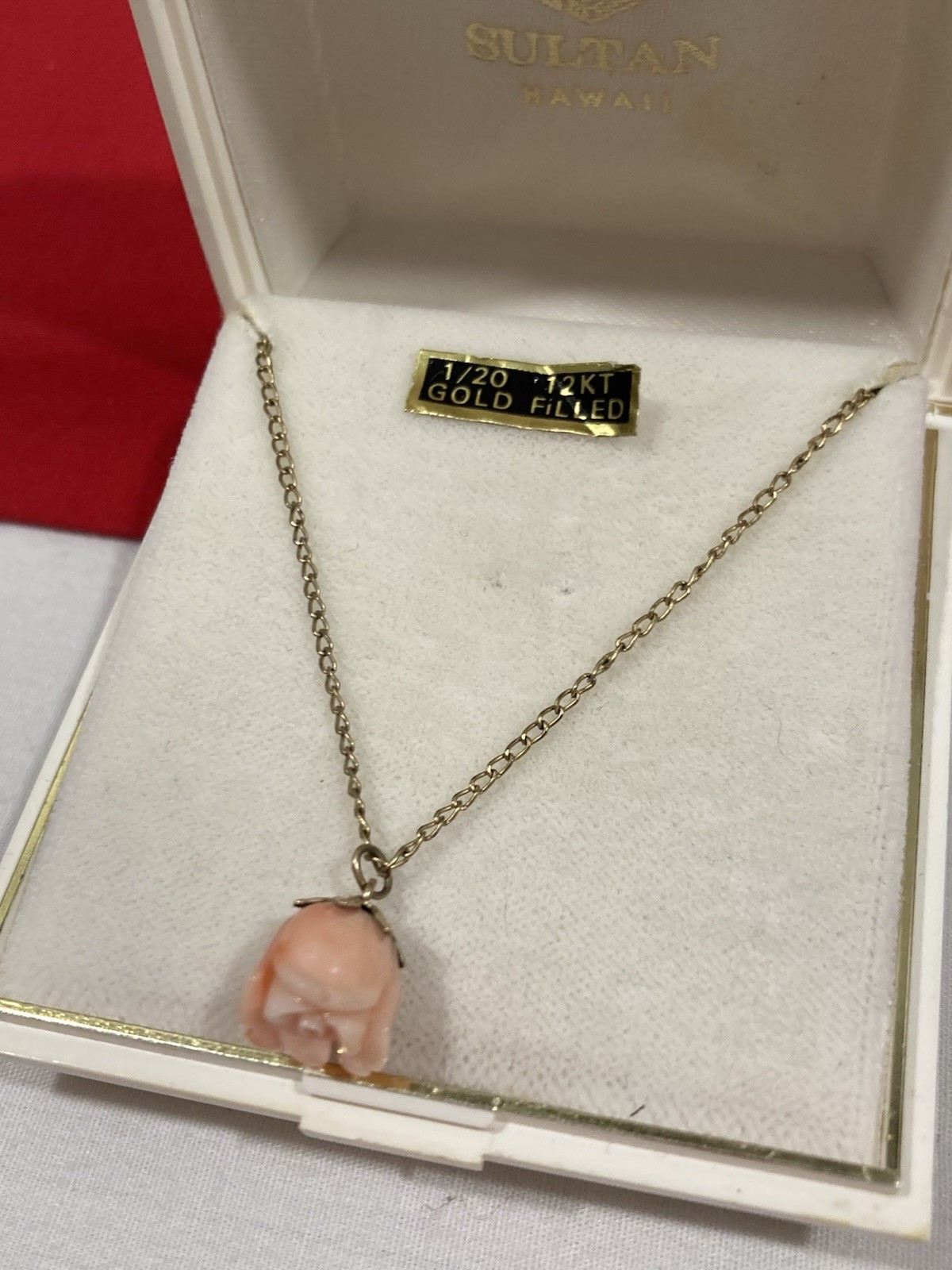 Vintage 1/20 12k G.F. Gold Filled Carved Pink Rose Flower Pendant & Necklace 18”