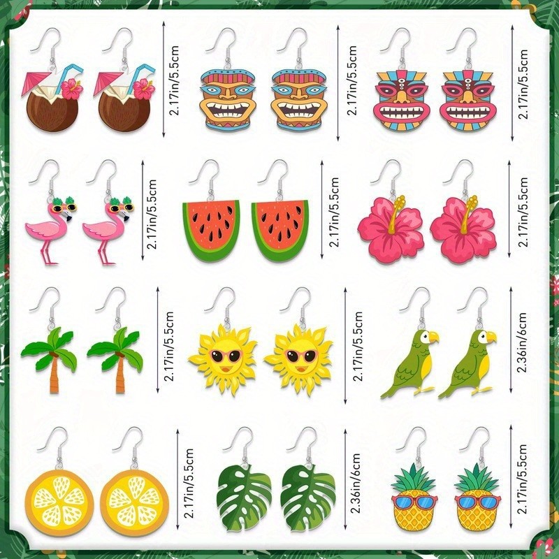 12Pairs Hawaii Cute Pendant Dangle Earrings Bohemian Style Perfect for Beach
