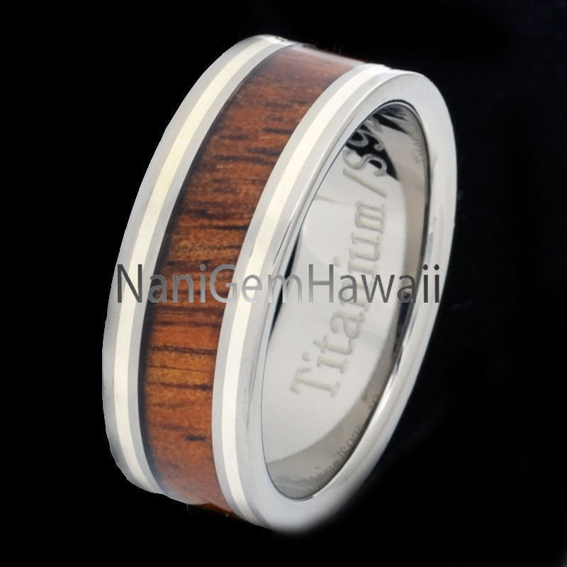 Koa Wood Titanium Hawaiian Band Ring 8mm With 2 Lines Silver Flat Edge