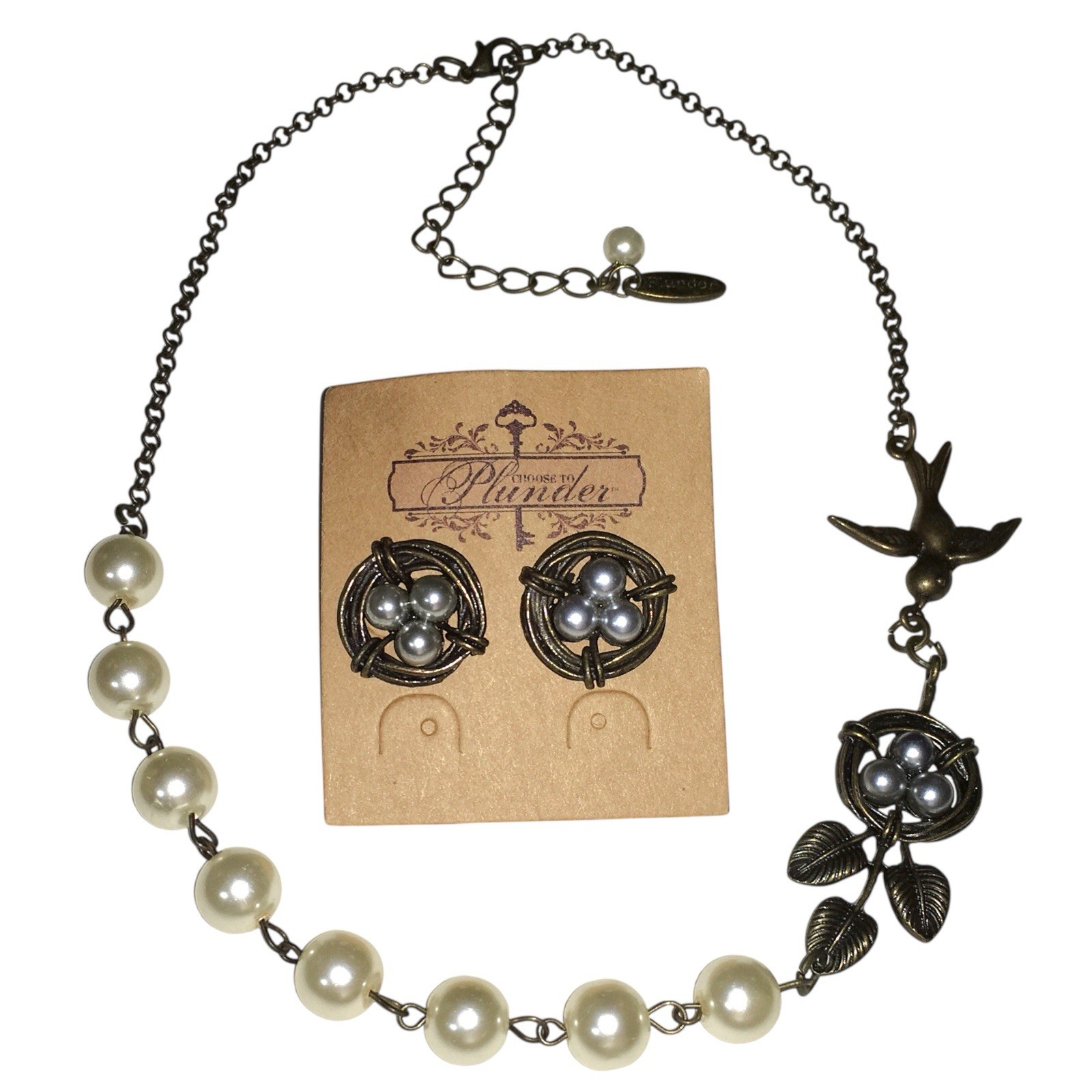 Plunder Bronze Tone 3D Bird Nest Gray Pearl Eggs Necklace And Earrings Set 17”