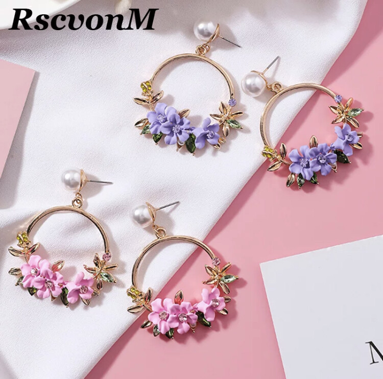 Women’s Fashion Jewelry Pink Purple Red Yellow Flower Hoop Earrings TK2-1