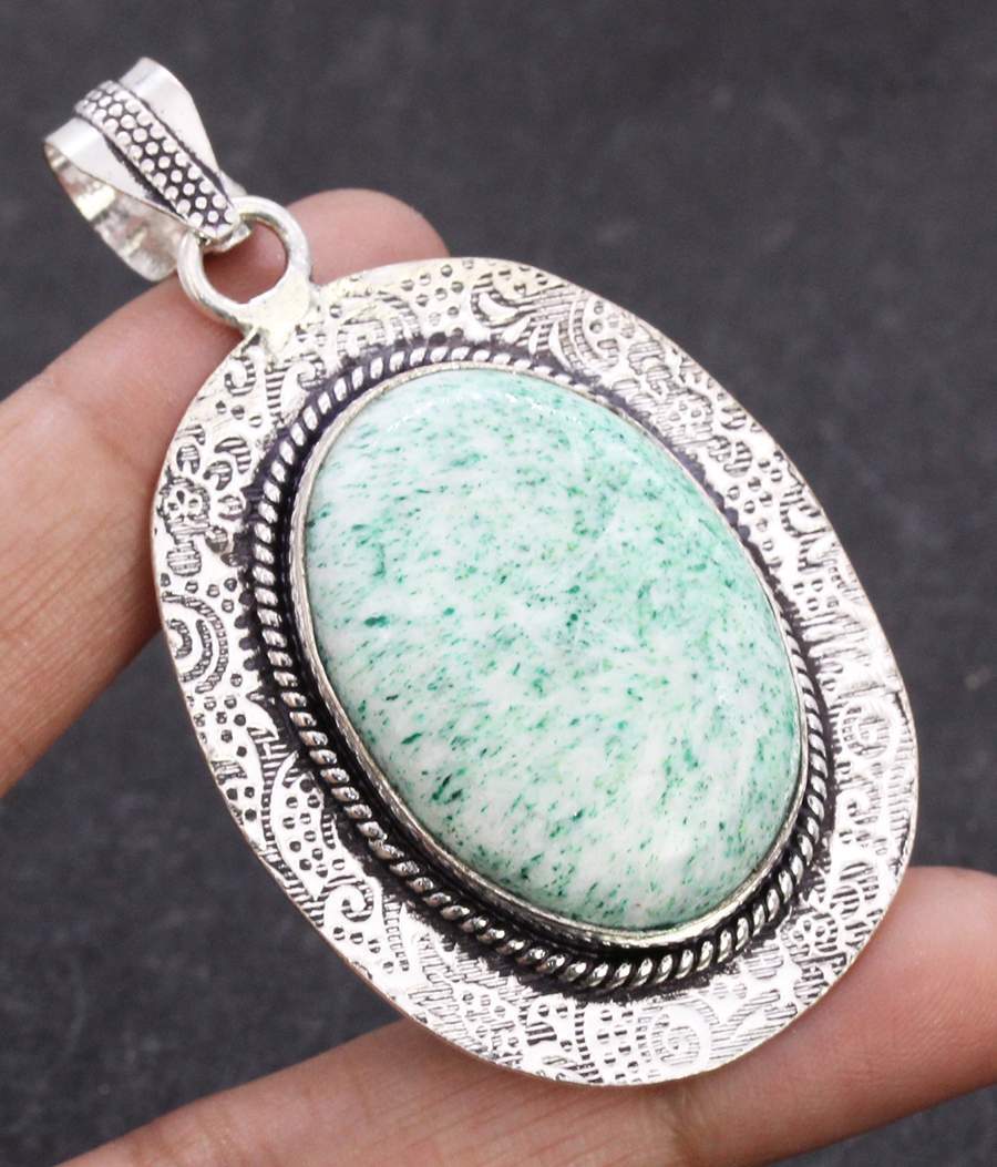 Color Enhanced Green Scolecite 925 Silver Plated Handmade Pendant of 2.3″ Ethnic