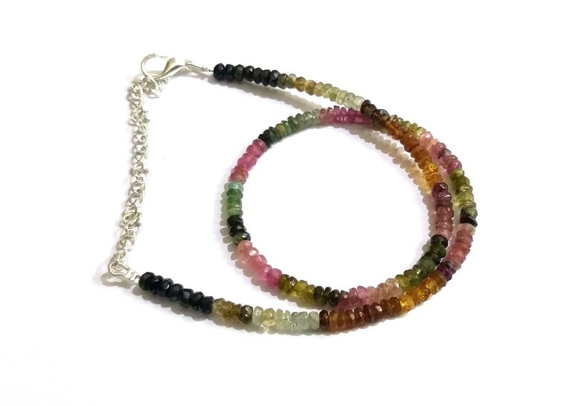 A++ Natural 3-4MM Multi Tourmaline Faceted Round Gemstone Beaded Necklaces 18”