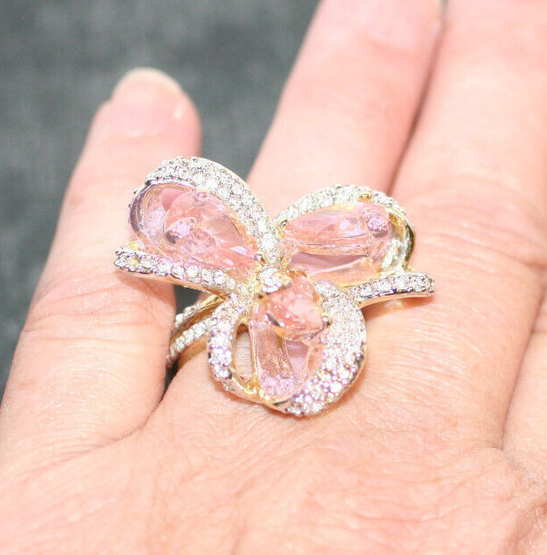 12.0CTW Champagne / 3.0 Chip Cubic Zirconia Bow Cocktail Cluster Ring SZ: 8.5