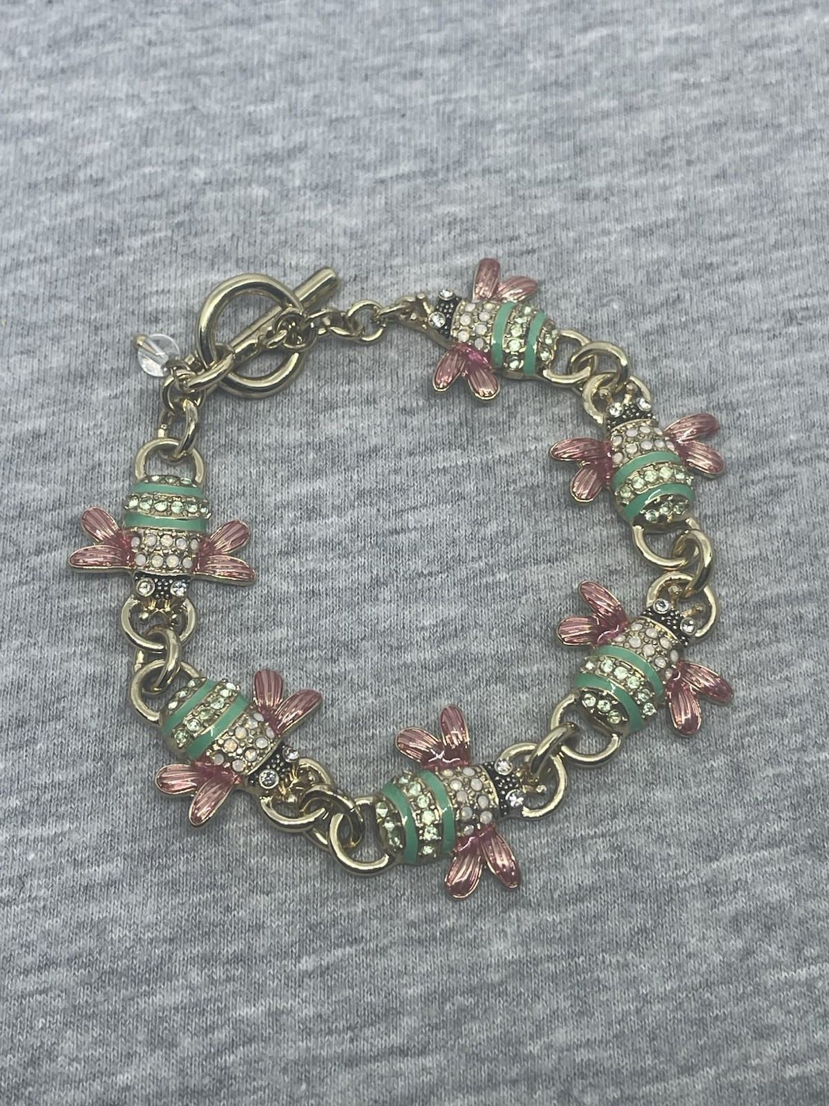 Napier Signed GoldTone Beetle Bee Bug Enamel Rhinestones 7.4” Bracelet