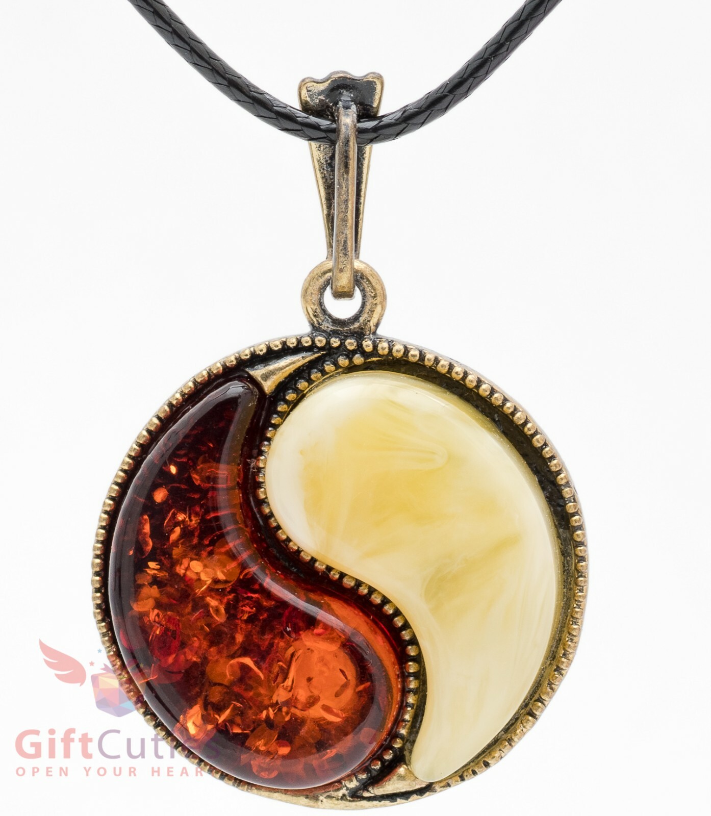 Brass Amber Pendant of a Yin & yang Feng Shui charm talisman necklace IronWork