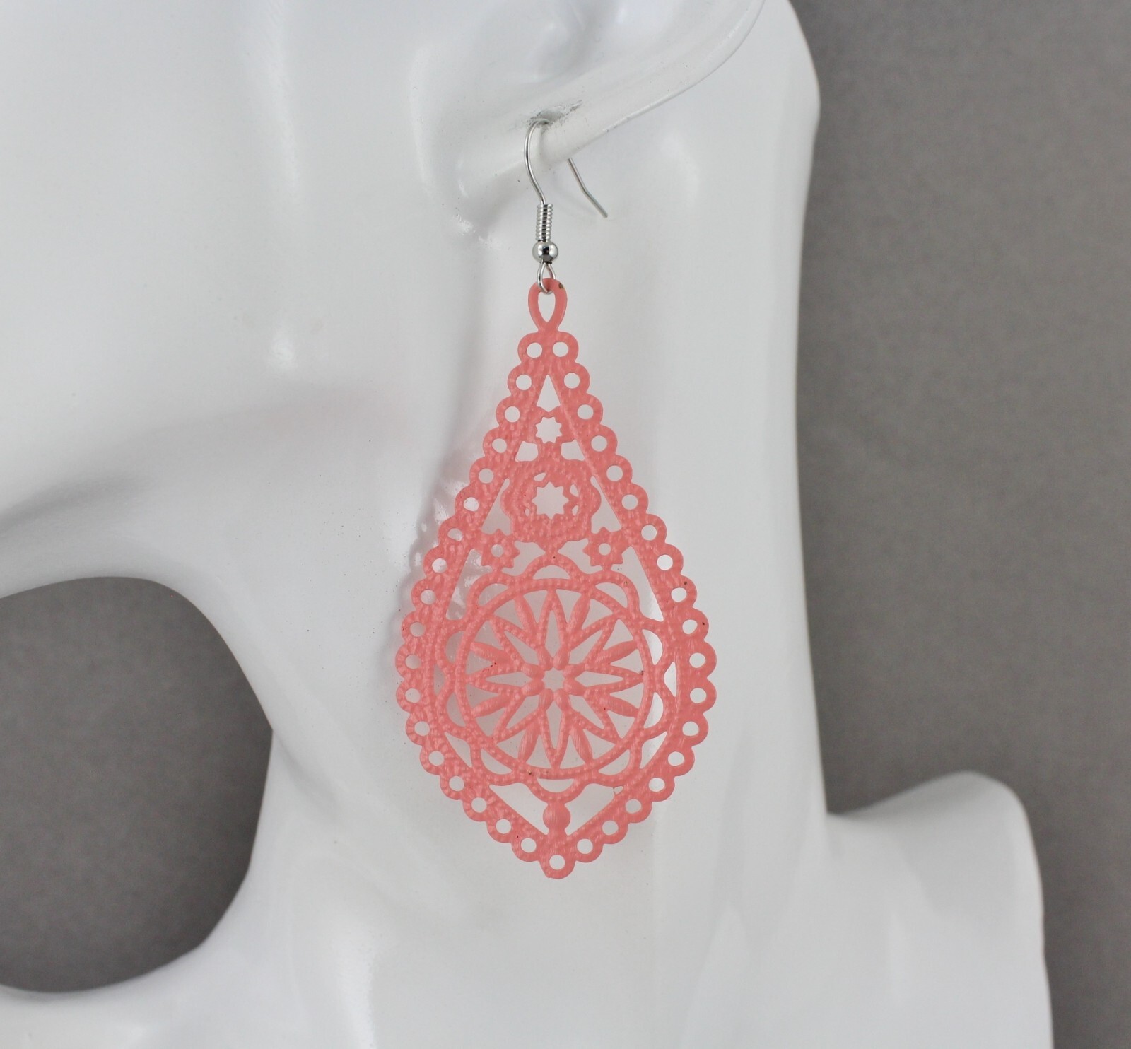 Coral big earrings filigree oval teardrop 3 1/8″ long lightweight salmon pink