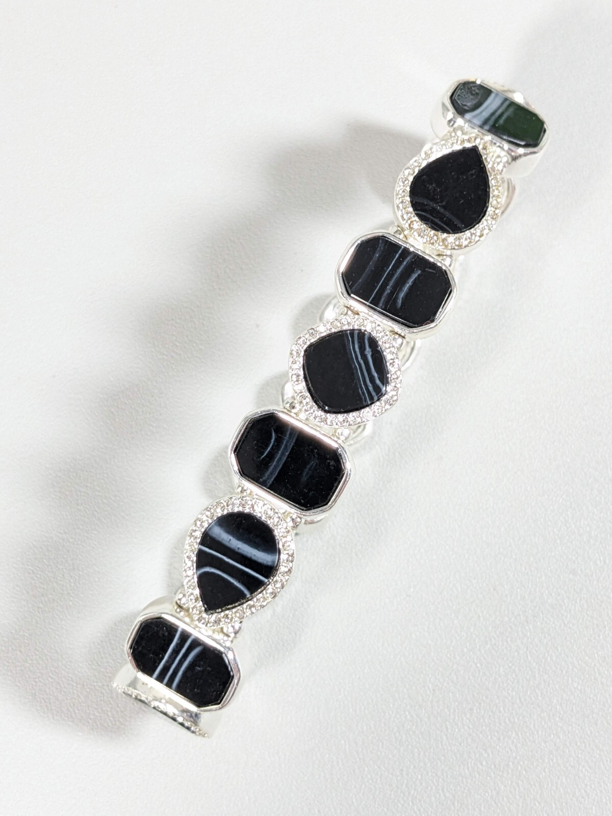 Nine West Silver Tone Black Gray Acrylic Crystal Panel Stretch Bracelet 7 inch