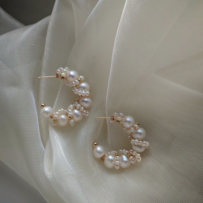 Handmade Woven Pearl Hoop Stud Earrings French Wedding Daily Women Jewelry