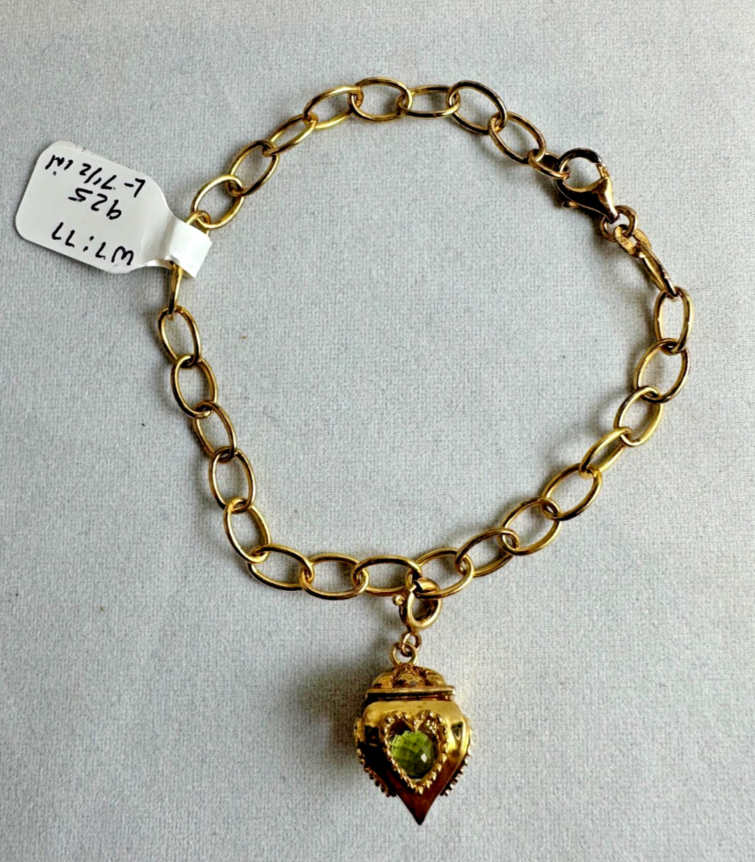 925 China Goldtone Chain with heart Charm Adjustable Bracelet. 7.77g. L- 7.5″