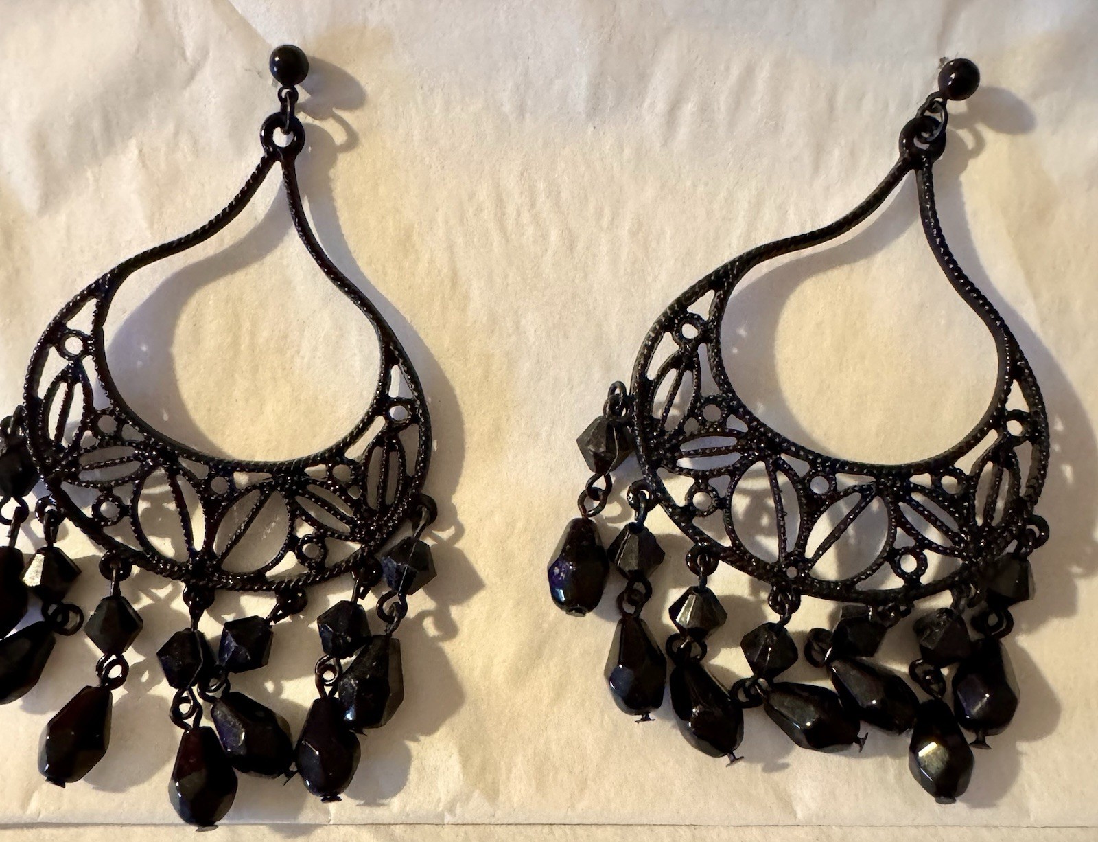 Black Filigree Chandelier Dangle/Drop Earrings w/ Teardrop Bead Drops, 2.5 in