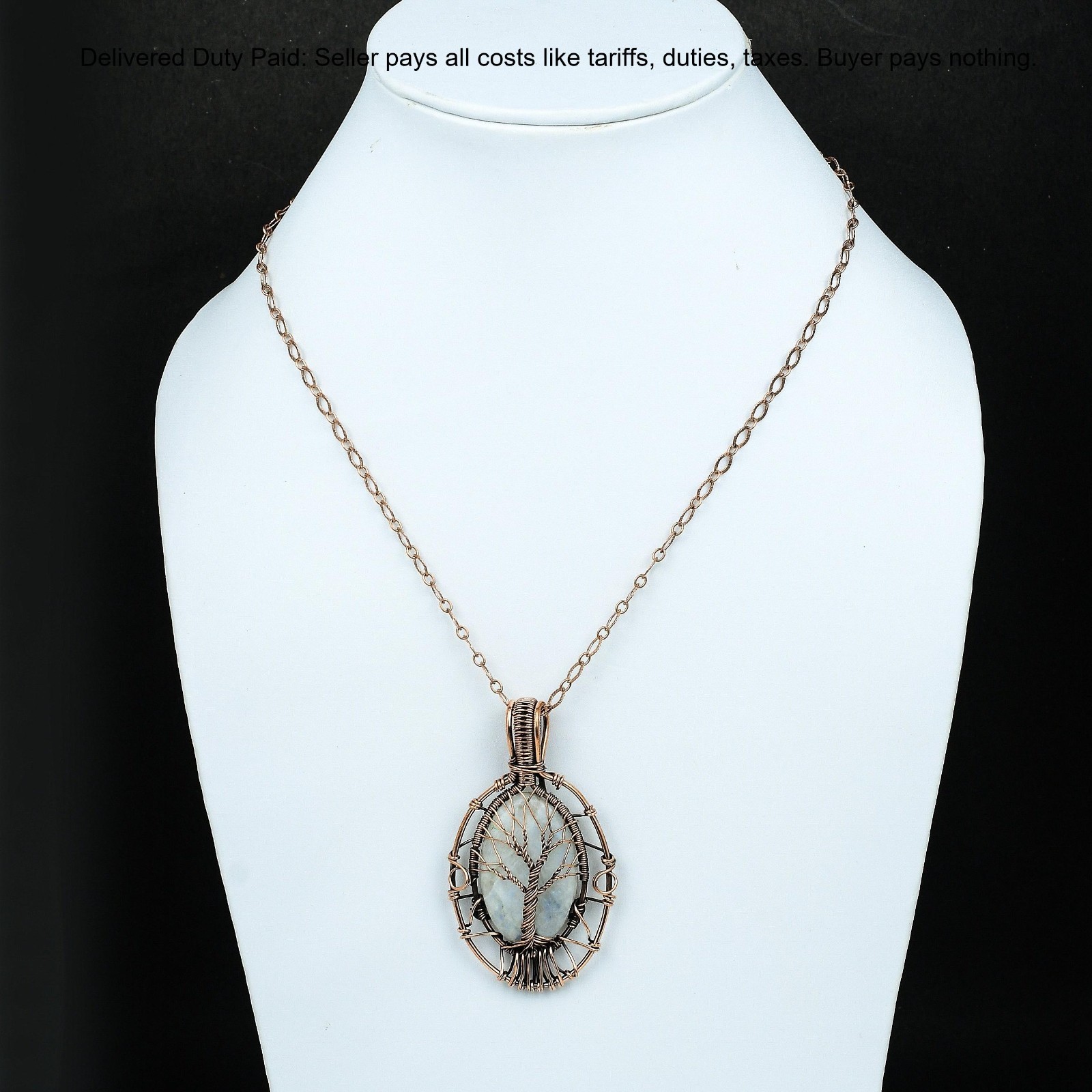 Copper Rainbow Moonstone Gemstone Tree Of Life And Wire Wrapped Pendant Jewelry