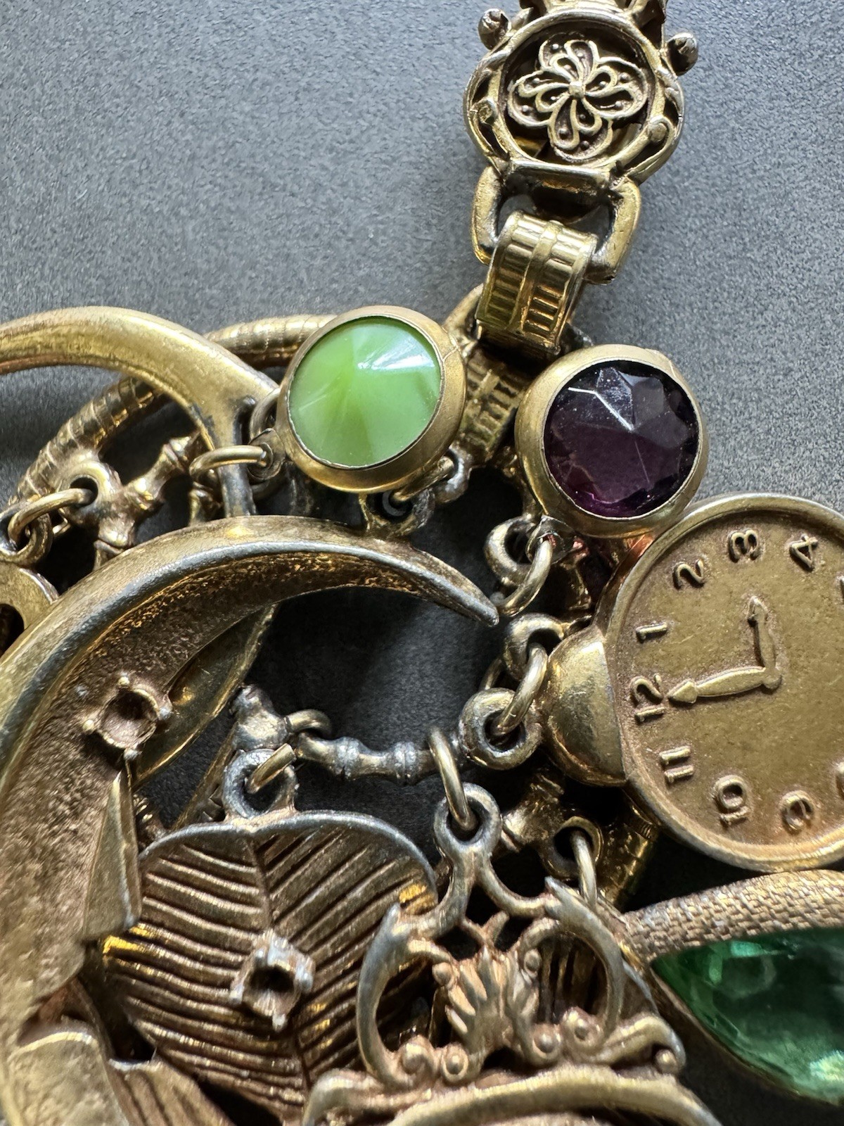 VTG ART Large Pendant/belt Charm Clip Clover Moon Clock Green Purple