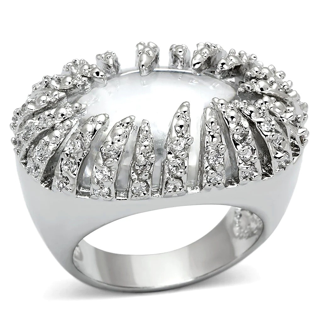 Women’s Ring, Clear CZ, Rhodium Plated, Brass, Oval Halo, Textured Band, CZ Ring