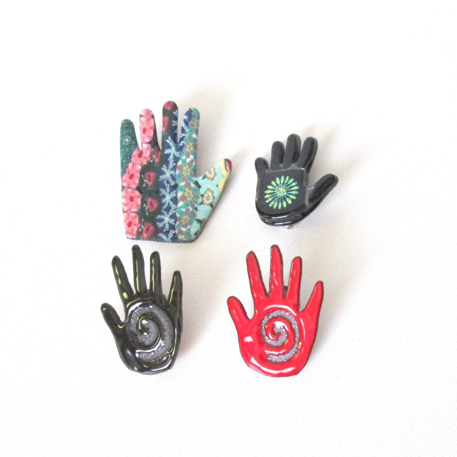 Vintage Handprint 4 Pin Lot Metal Tribal Hands Resin & Handmade Polymer Clay