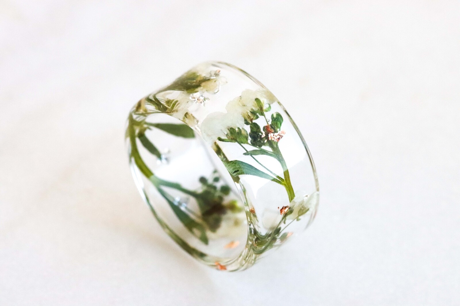 Wide Ring with Pressed Real White Alyssum Flowers and Gold Flakes, Resin Ring