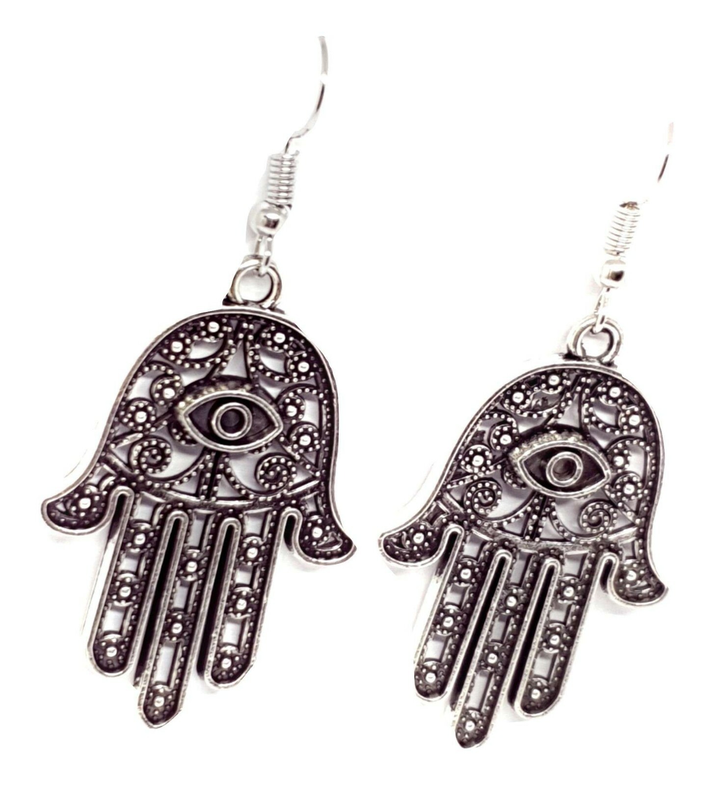 Large Hamsa Earrings Evil Eye Protection Filigree Silver Drop Dangle Jewellery