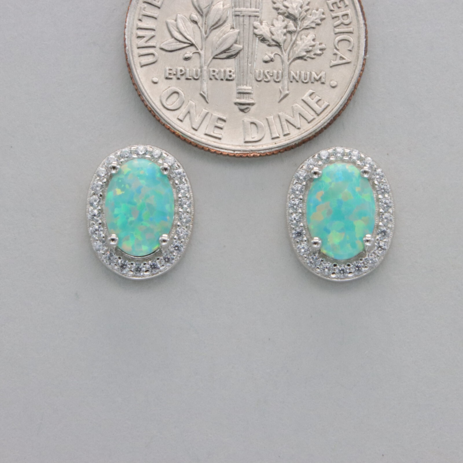 Green Oval FIRE OPAL Post / Stud Earrings with 22 CZs 925 STERLING SILVER #630e