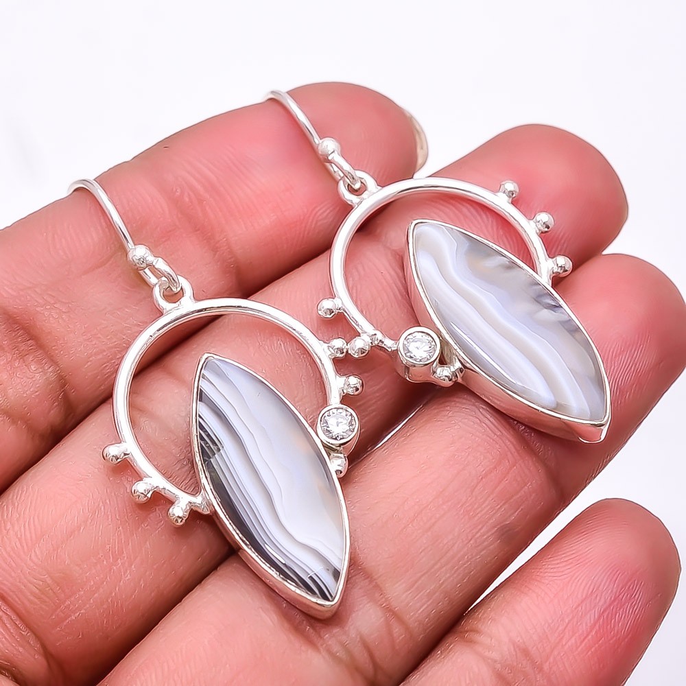 Natural Banded Botswana Agate 925 Sterling Silver Earring 1.95″ E_9458_261_48