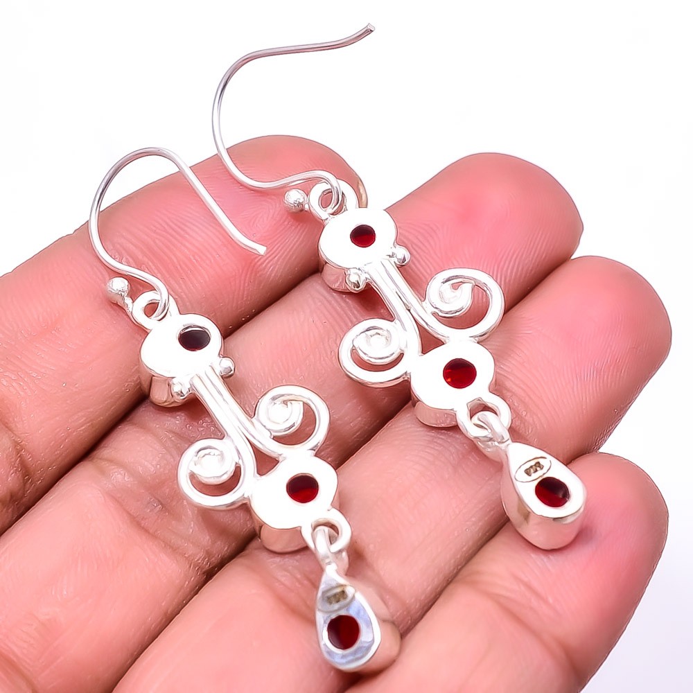 Red Garnet Multi Collet 925 Sterling Silver Earring 2.15″ E14, Christmas Gift