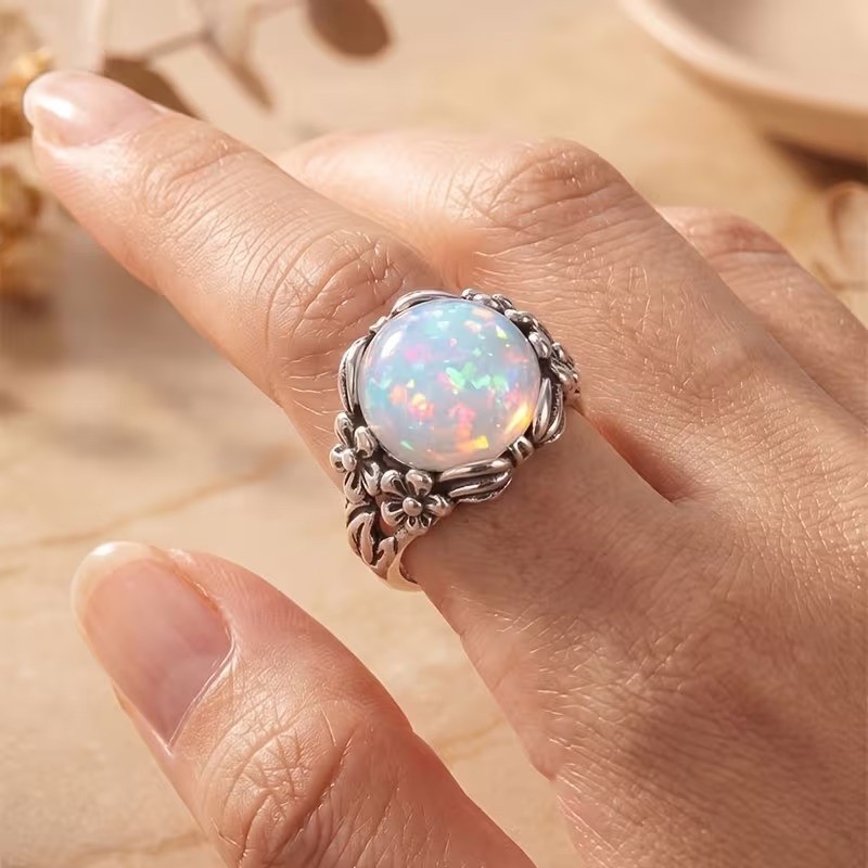 Elegant 925 Sterling Silver Fire Rainbow Opal Engagement Wedding Ring Size 10.5