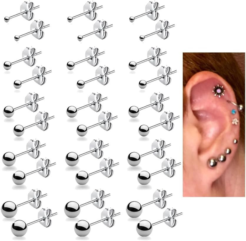 15 Pairs Surgical Steel Ball Stud Earrings Set | Fadeless, PVD Plating, Stainles
