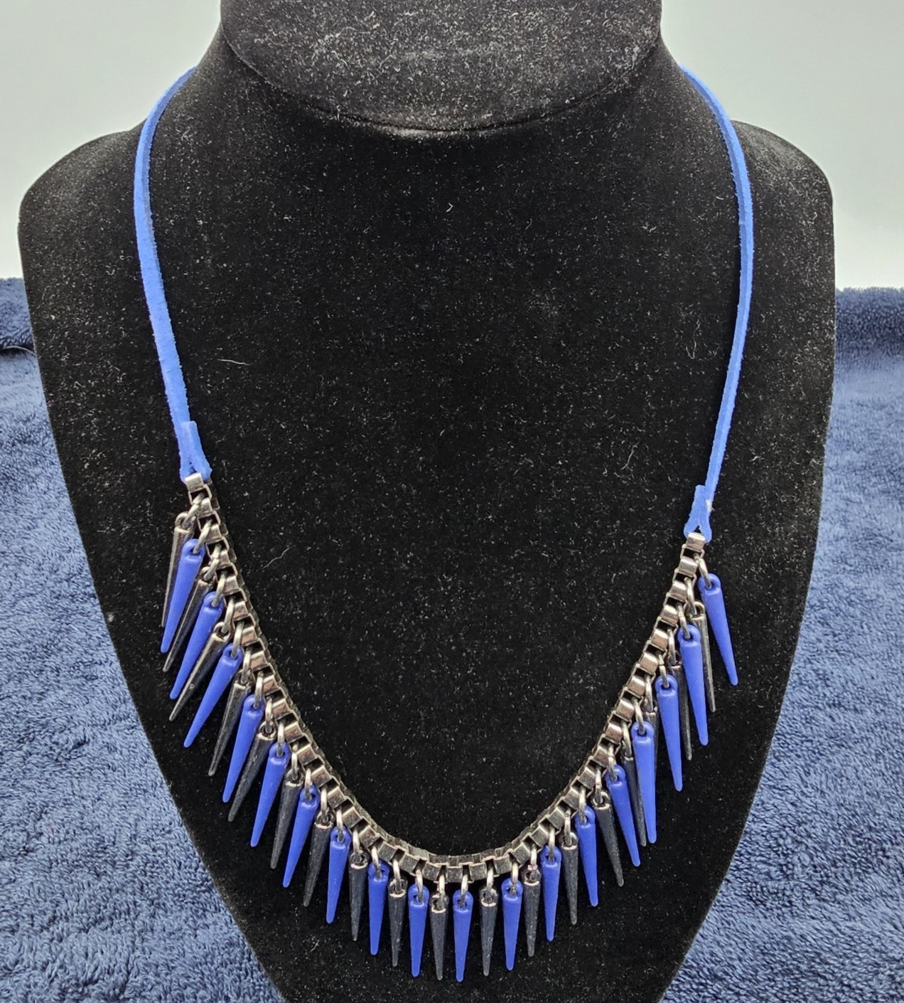 Blue Spike Statement Necklace Silver Tone Chain Faux Leather Cord Boho Festival
