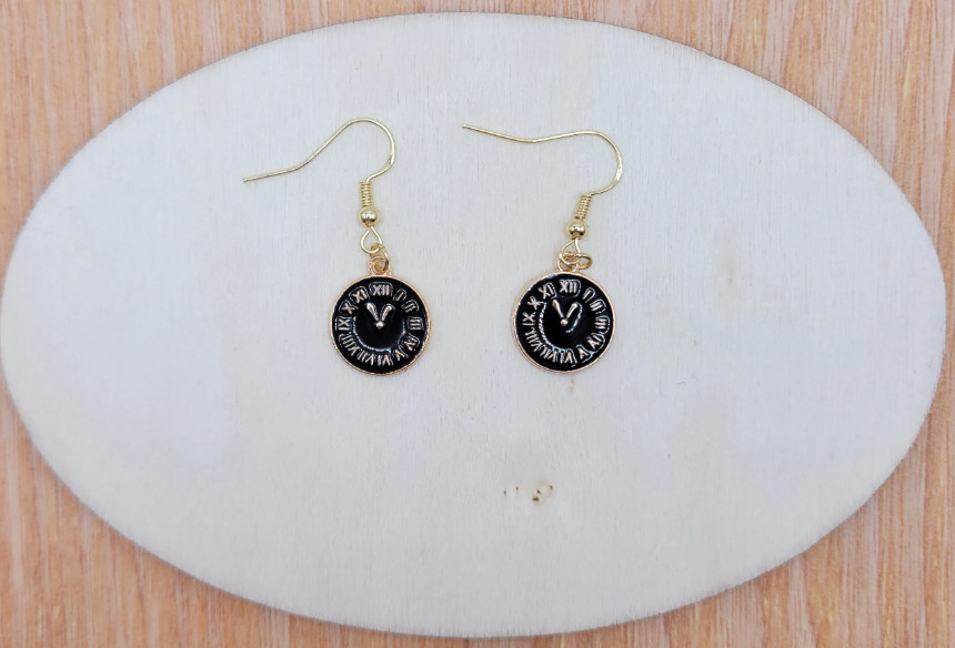 Small size Clock necklace, Clock earrings, White clock necklace, Black clock