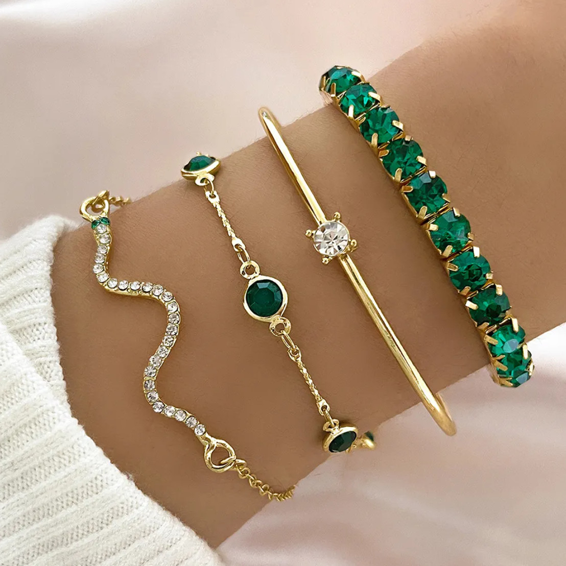 4Pcs Green Crystal Bracelet Set Women Gold Chain Stretch Bangle Jewelry Gift