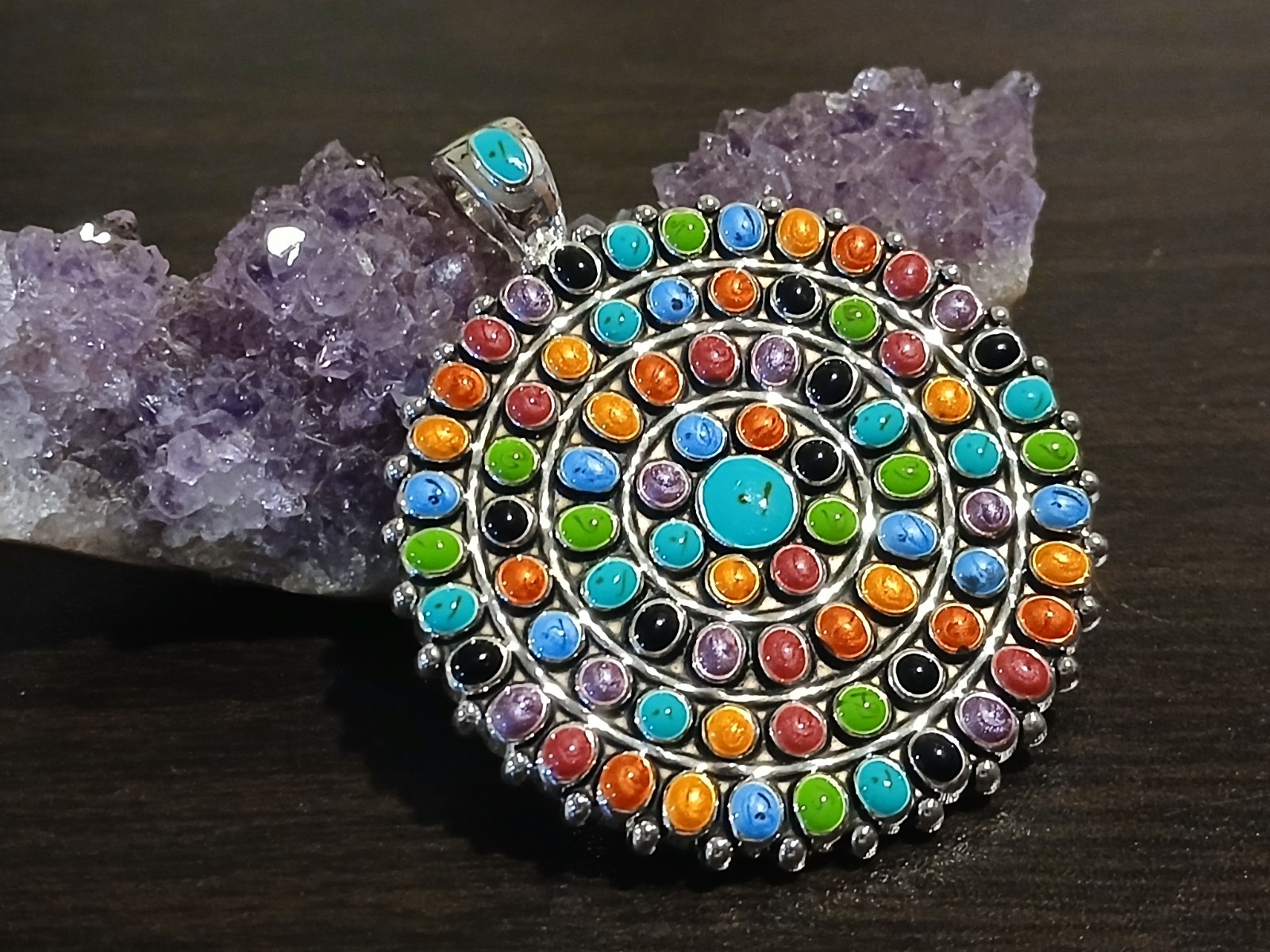 BEST sterling silver plated multi-coloured resin pendant